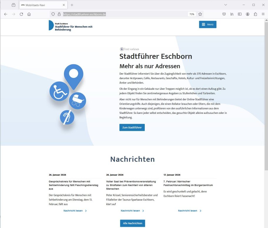 Stadtführer Eschborn barrierefei Foto zeigt Screenshot von stadtfuehrer.eschborn.de